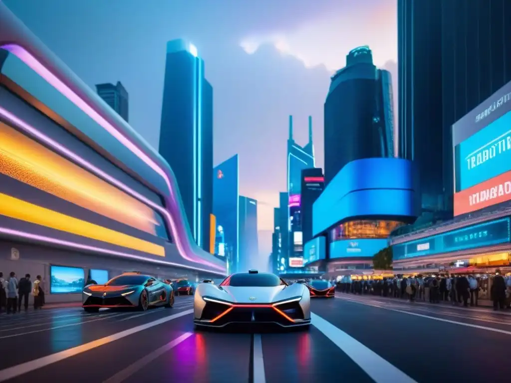 Metrópolis futurista: luces y tecnología en sepia Fantástica ciudad futurista al anochecer, con rascacielos iluminados y tecnología avanzada