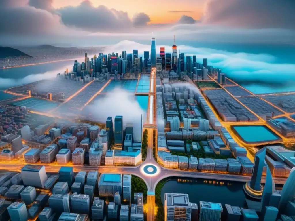 Fascinante visión futurista de ciudad integrando realidad aumentada en mapas, evolución cartográfica