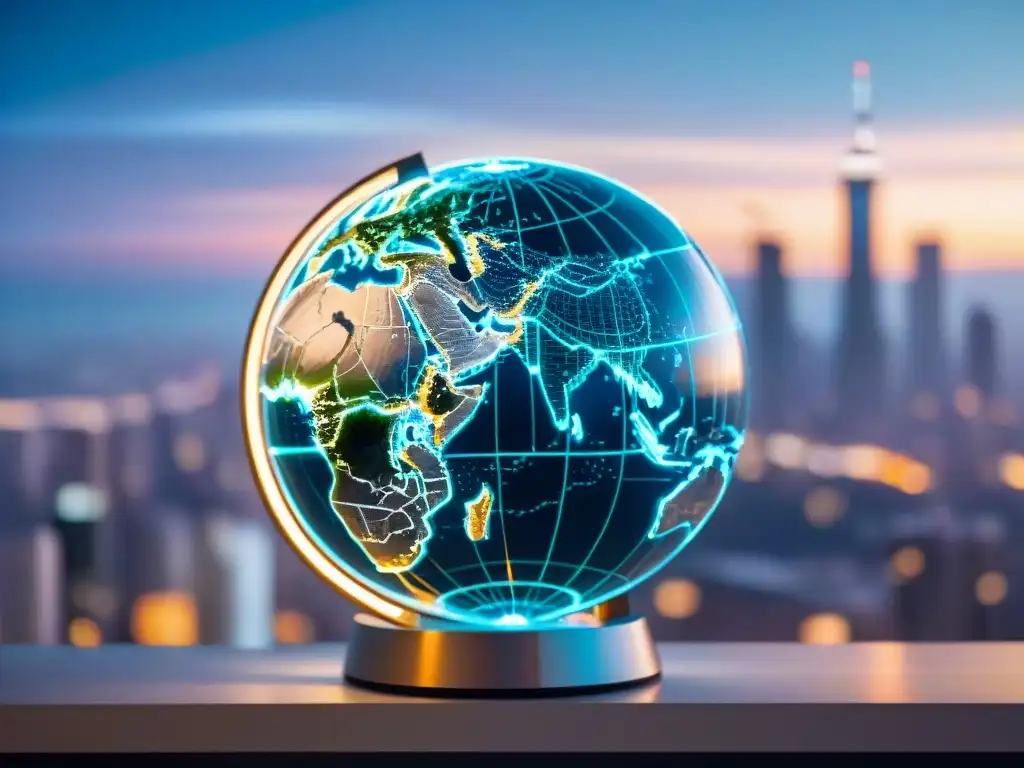 Globo holográfico futurista en tiempo real sobre ciudad atardecer Un fascinante globo holográfico mostrando datos en tiempo real, rodeado de una ciudad atareada al anochecer