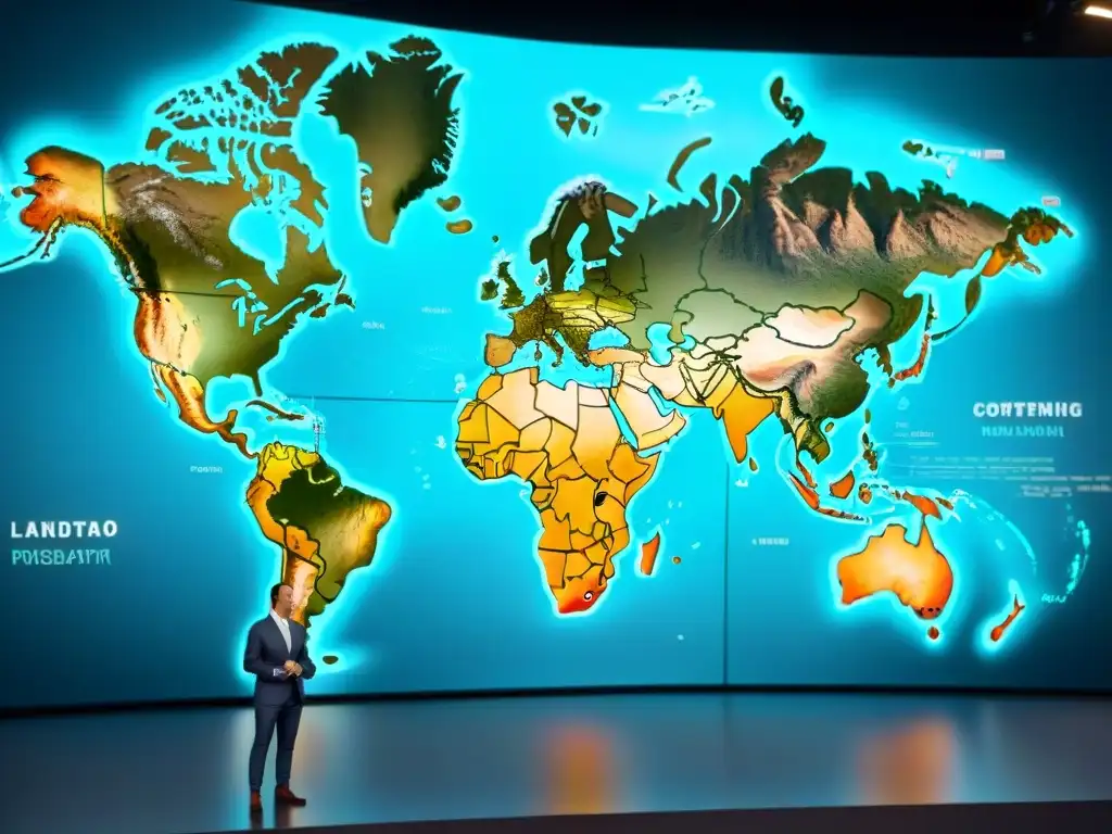 Fascinante mapa digital futurista en sepia, mostrando la evolución de la cartografía con líneas de red y hologramas