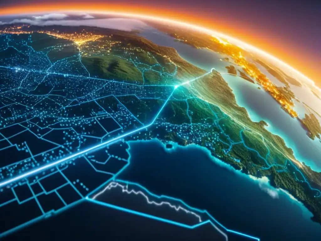 Mapa digital del futuro con visualización de datos en tiempo real Un fascinante mapa digital futuro con datos en tiempo real, mostrando patrones de tráfico, clima y densidad poblacional