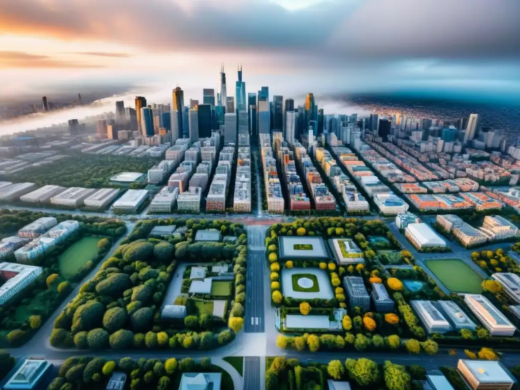 Fascinante vista aérea sepia de una ciudad vibrante con diseño urbano detallado, resaltando la importancia del SIG en cartografía