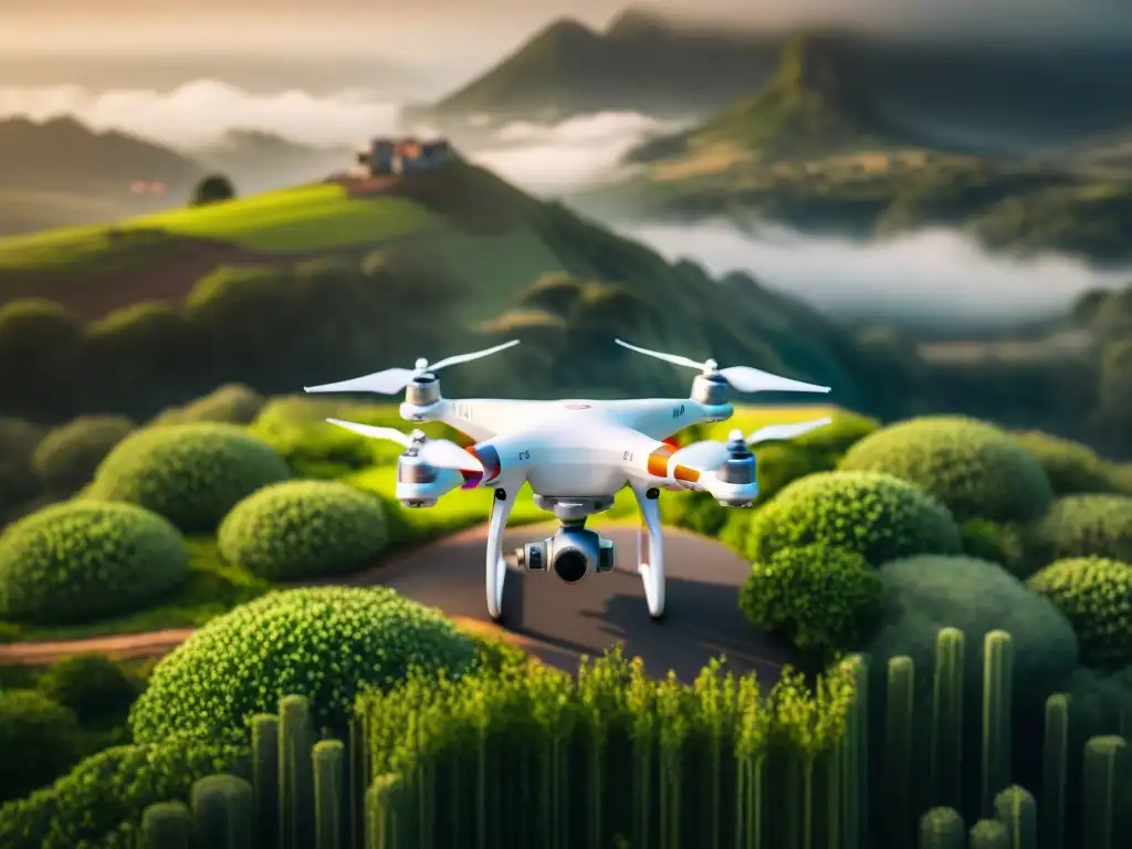 Flota de drones hightech mejorando resolución en mapeo aéreo sobre paisaje verde, tecnología futurista