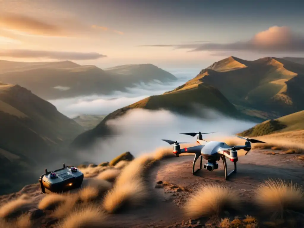 Flota de drones listos para despegar al atardecer, maximizando tiempo vuelo batería cartografía en terreno rugoso