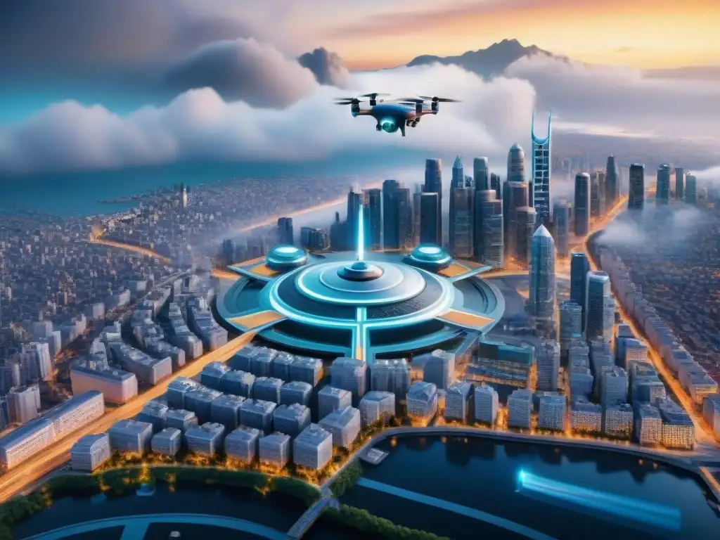 Futurista ciudad con drones AI mapeando, reflejando armonía entre IA y cartografía