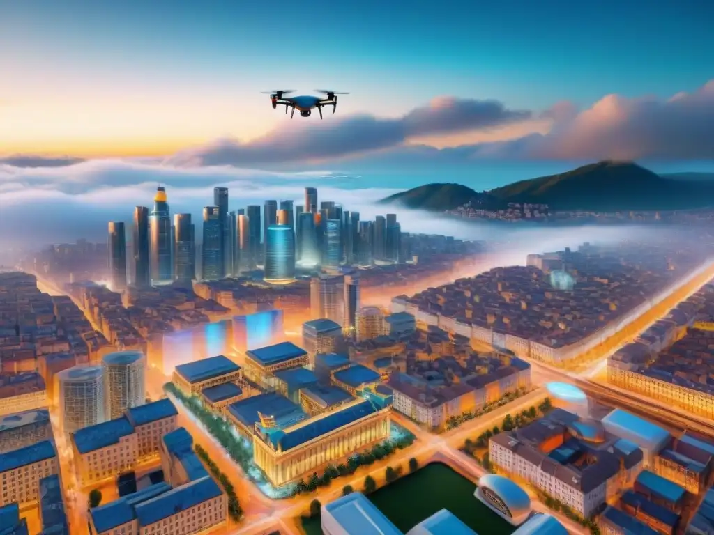 Futurista ciudad con drones AI, mapas digitales y evolución cartográfica en una armoniosa mezcla de innovación y tradición