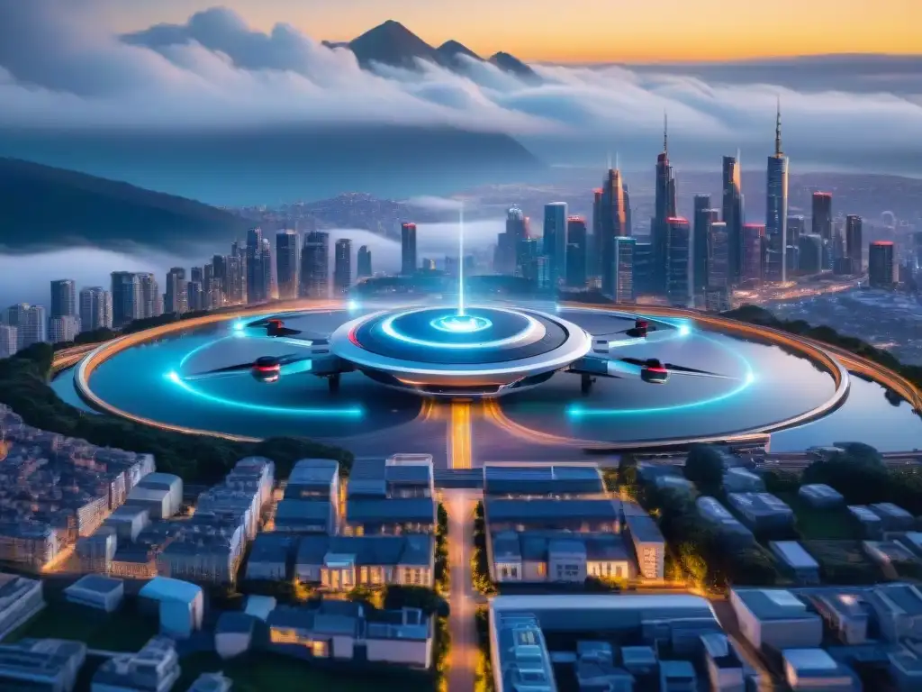 Futurista ciudad con drones mapeadores AI emitiendo luz, fusionando IA en cartografía moderna