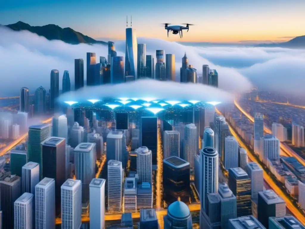 Futurista ciudad con drones de mapeo automatizado y datos digitales, integrando inteligencia artificial en cartografía automatizada