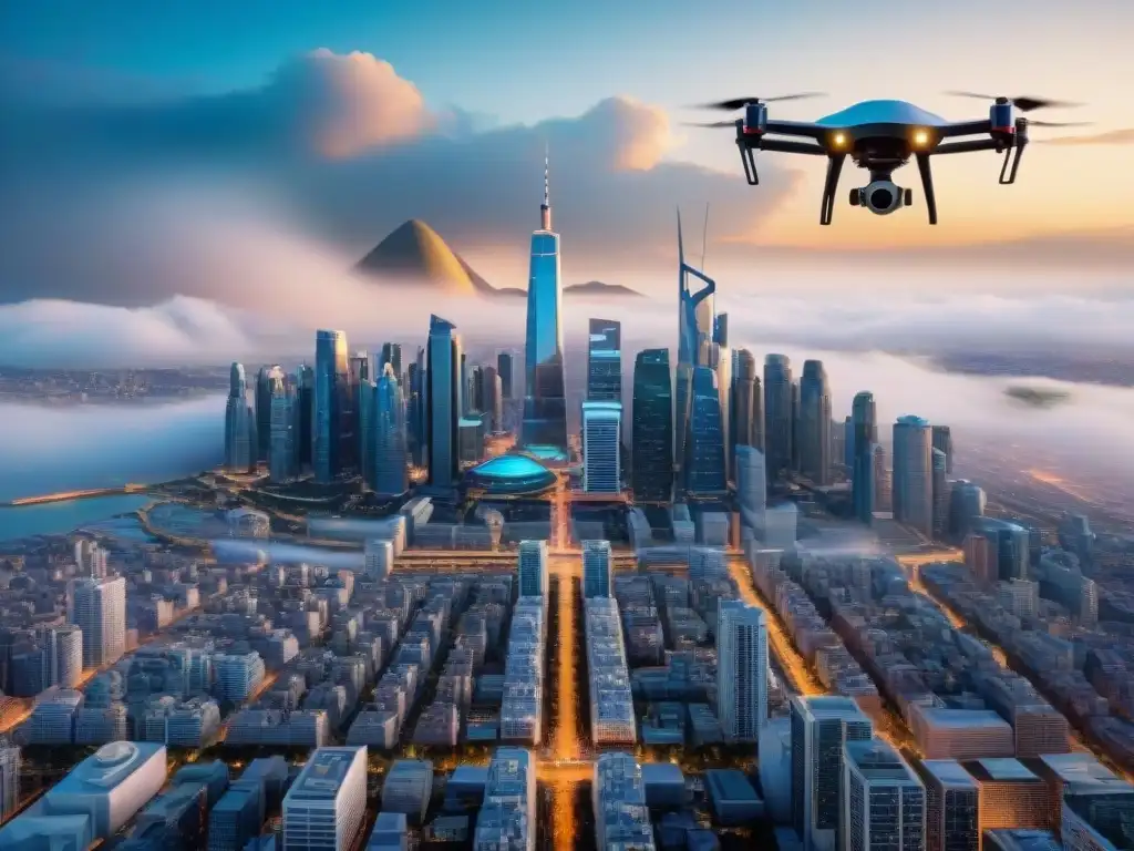 Futurista ciudad con drones mapeando en tiempo real