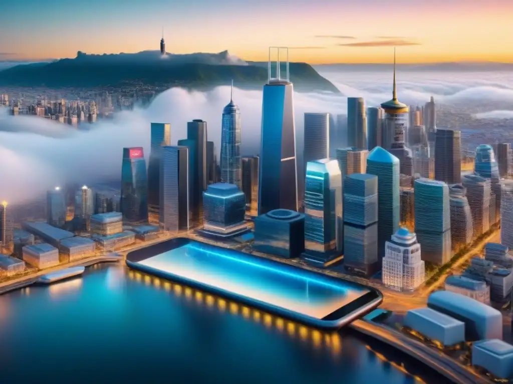 Futurista ciudad con hologramas y realidad aumentada en cartografía