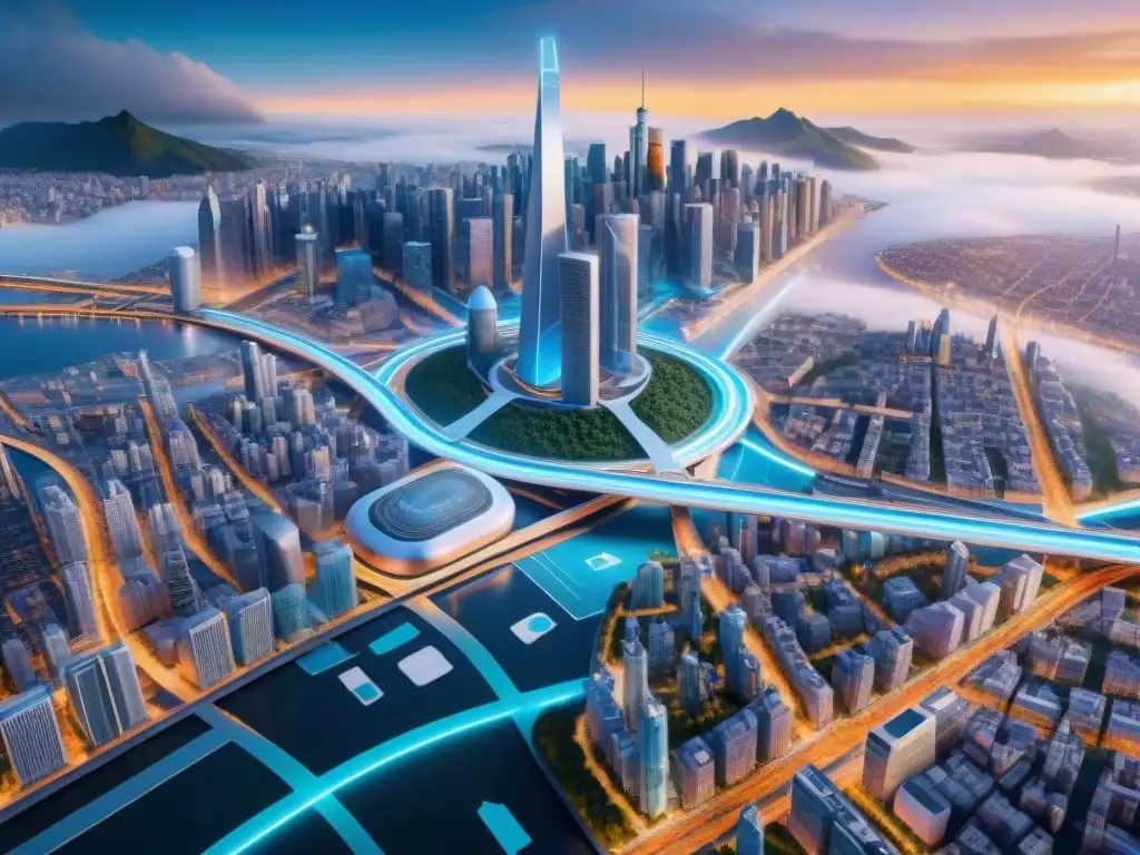 Futurista ciudad donde la IA en la cartografía moderna se integra perfectamente en el entorno urbano