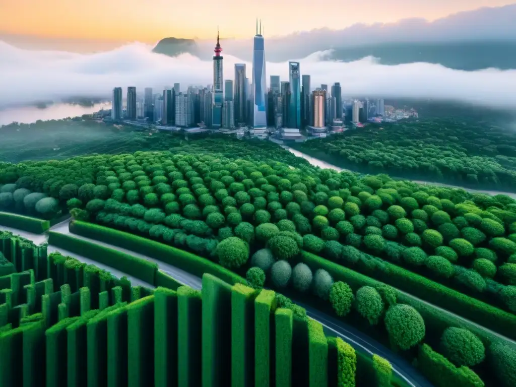 Futurista ciudad integrada con la naturaleza y Realidad Aumentada en cartografía