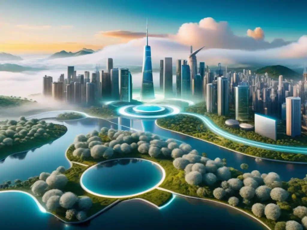 Futurista ciudad con mapas de realidad aumentada, fusionando tecnología y naturaleza en evolución cartográfica