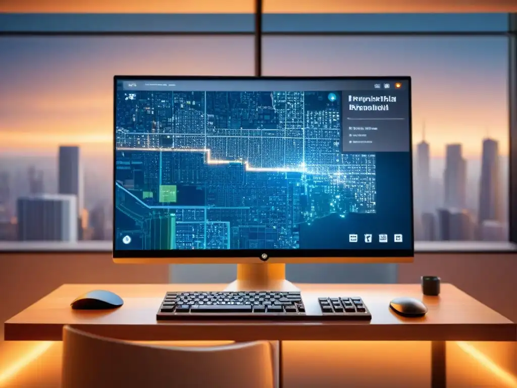 Futurista software mapeo gratuito 2023 en pantalla digital con detalles geográficos y ciudad en 3D, en un espacio de trabajo elegante