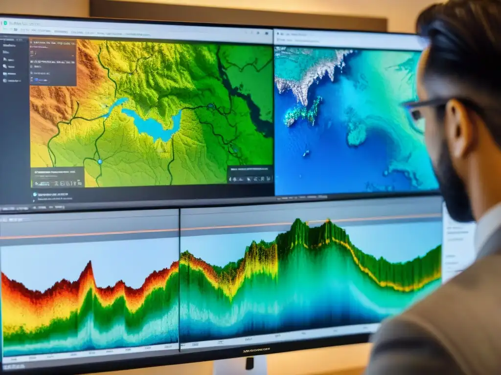 Geocientífico concentrado usando Herramientas análisis geocientífico con SAGA GIS, rodeado de mapas y herramientas geológicas