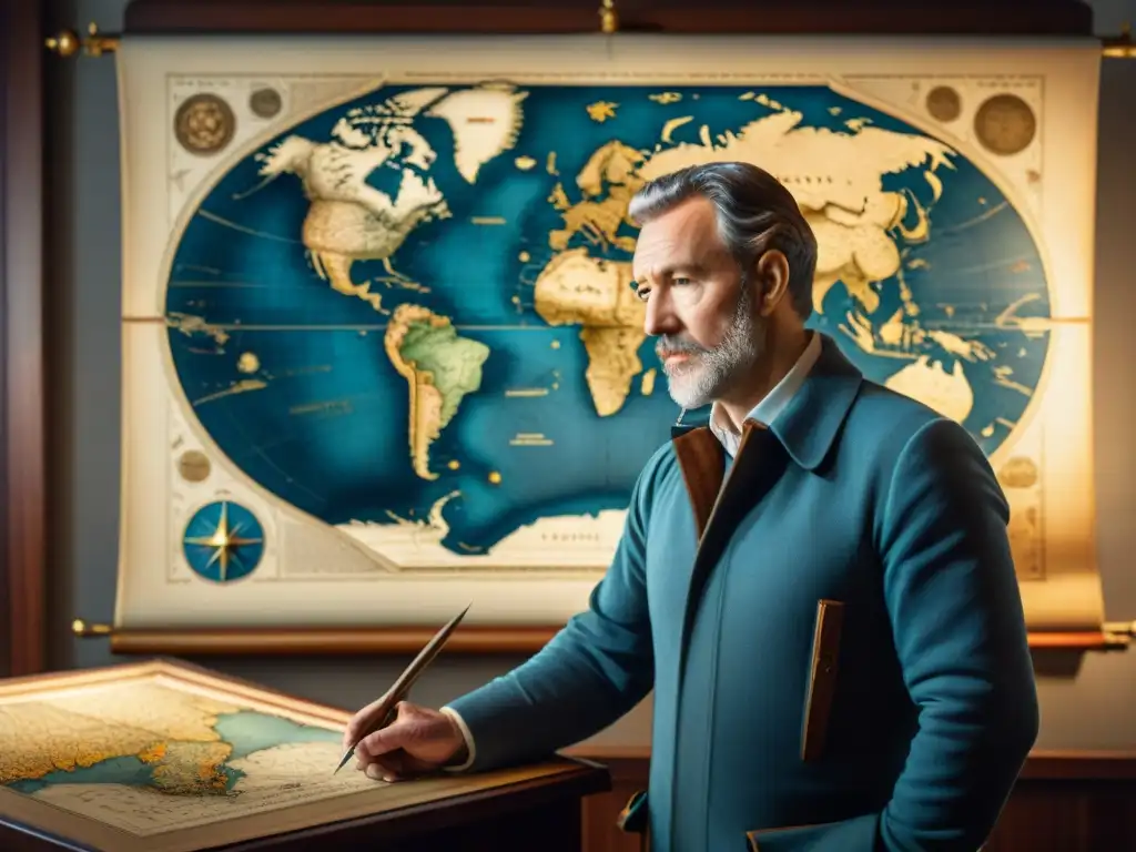 Gerardus Mercator trazando el mapamundi: una escena detallada en sepia que captura la esencia pionera de la cartografía moderna Gerardus Mercator traza detallado mapa mundial rodeado de herramientas cartográficas antiguas en ambiente histórico