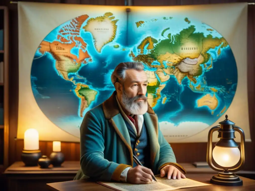 Gerardus Mercator en su estudio, creando mapas con detalle, reflejando la evolución de la cartografía hacia mapas digitales