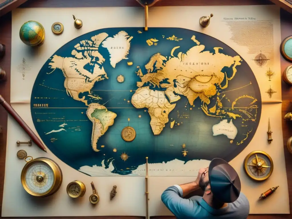 Gerardus Mercator dibuja un mapa mundial detallado rodeado de instrumentos de navegación, evolución cartografía mapas digitales