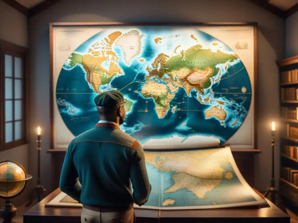 Gerardus Mercator dibujando un mapa mundial rodeado de herramientas cartográficas en una atmósfera nostálgica y académica