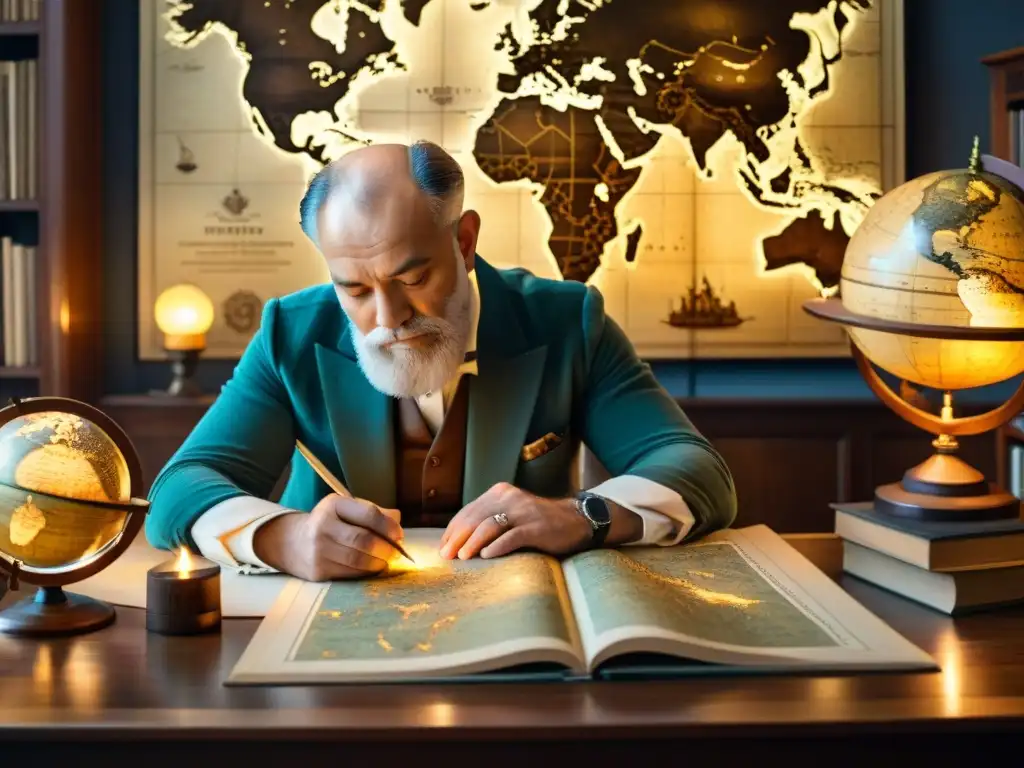 Gerardus Mercator elaborando mapas antiguos en su estudio histórico, en evolución cartografía mapas digitales