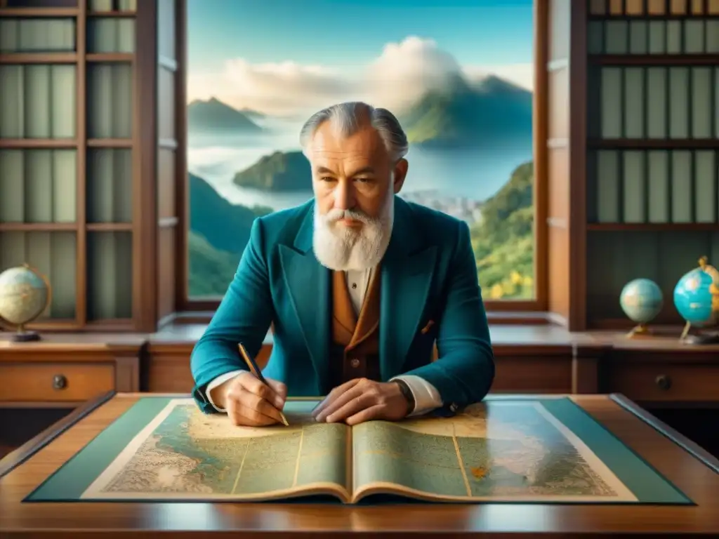 Maestro cartógrafo Gerardus Mercator traza mapas en sepia detallados Gerardus Mercator traza mapas detallados en su estudio antiguo, evolución cartografía mapas digitales