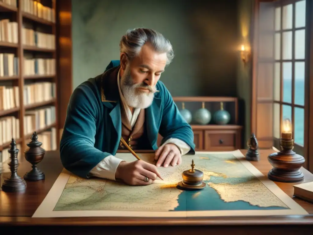 Gerardus Mercator traza mapas con precisión en su estudio del siglo XVI, iluminado por velas, mostrando la evolución cartografía mapas digitales