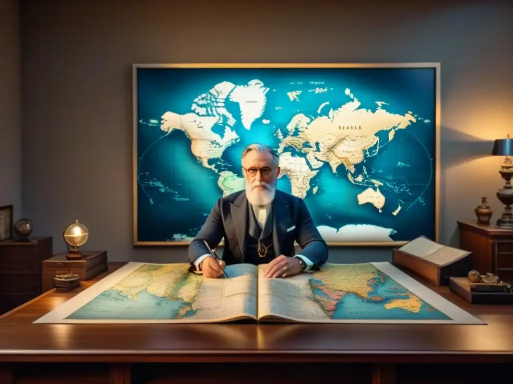 Gerardus Mercator concentrado en su estudio, rodeado de mapas y globos, trabajando en su proyección de Mercator en cartografía