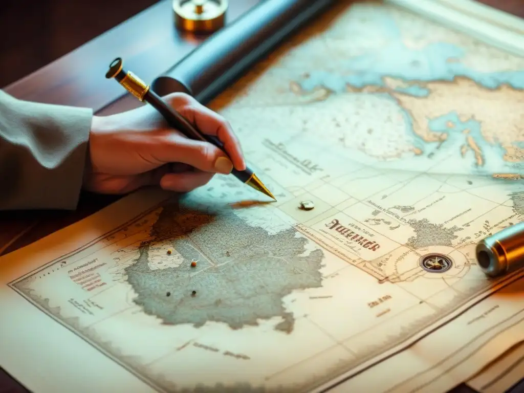 Gerardus Mercator: Maestro cartógrafo en sepia Gerardus Mercator concentrado en su mapa antiguo rodeado de instrumentos de cartografía, evolución cartografía mapas digitales