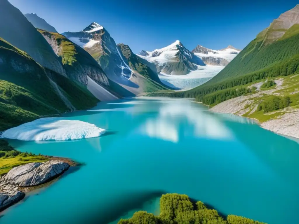 Glaciar majestuoso derritiéndose en lago turquesa, rodeado de montañas nevadas