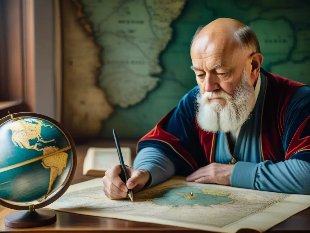 El gran cartógrafo Abraham Ortelius dibujando un detallado mapa en pergamino, rodeado de herramientas cartográficas, en una habitación llena de mapas y globos terráqueos