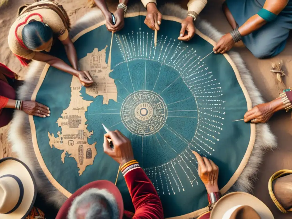 Grupo de ancianos indígenas interpretando cartografía sin escritura en piel de animal