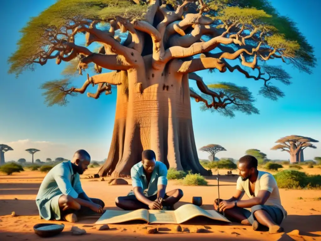 Un grupo de cartógrafos africanos de distintas épocas trabajando juntos bajo un baobab, rodeados de mapas y herramientas antiguas en la sabana africana