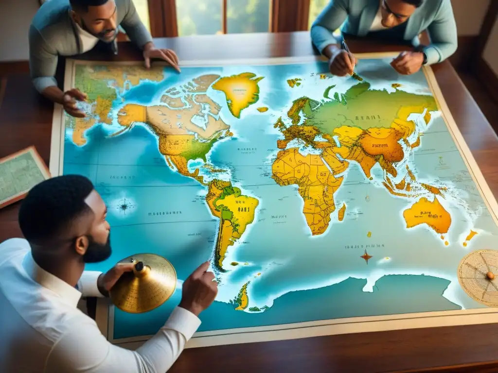 Un grupo de cartógrafos diversos rodea un antiguo mapa en una escena detallada sepia, discutiendo mientras la luz del sol resalta los detalles
