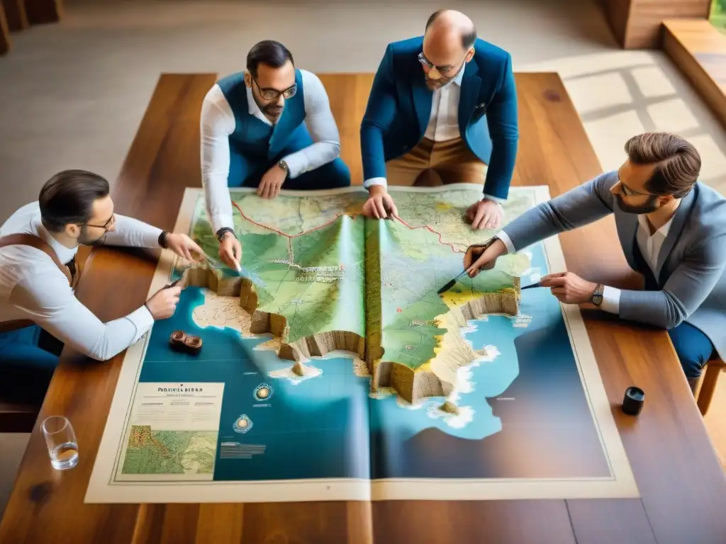 Un grupo de cartógrafos discutiendo detalladamente sobre un antiguo mapa en una mesa de madera