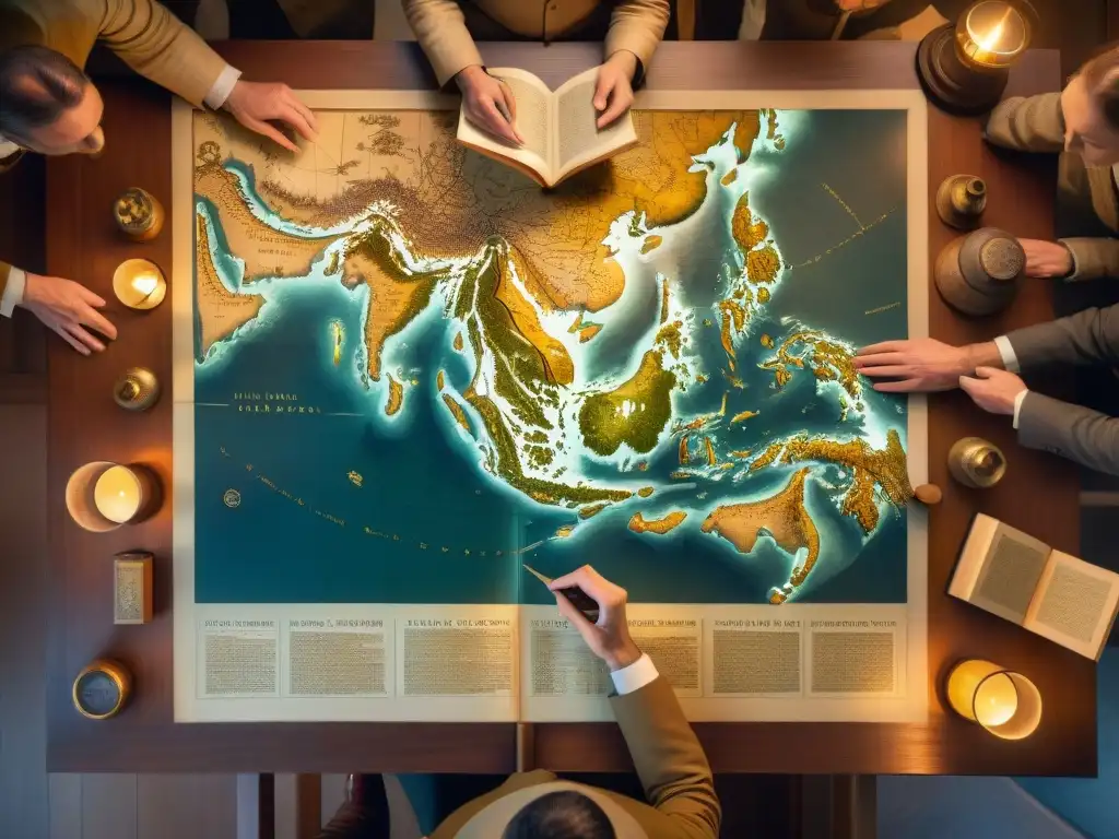 Maestros cartógrafos: Detalles históricos en sepia Grupo de cartógrafos antiguos detallando un mapa con técnicas cartografía antigua moderna, iluminados por candelabros