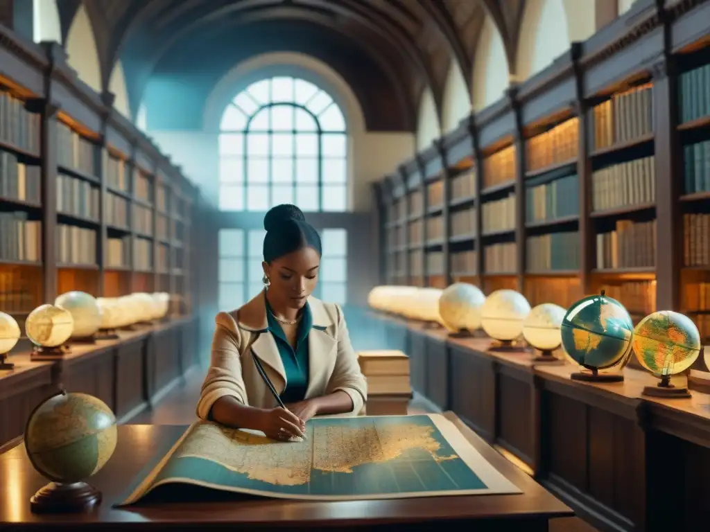 Grupo de cartógrafos en biblioteca antigua estudiando mapas, reflejando la importancia de mapas interactivos