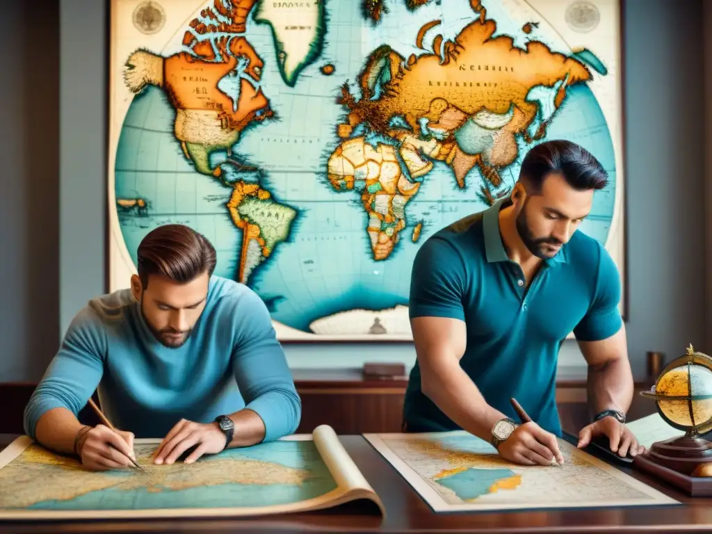 Un grupo de cartógrafos trabajando con detalle en una mesa llena de mapas, brújulas y lupas