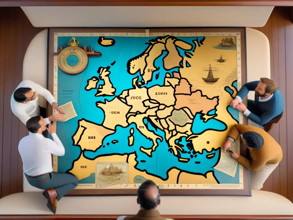 Grupo de cartógrafos europeos en una detallada escena de historia cartográfica náutica en Europa