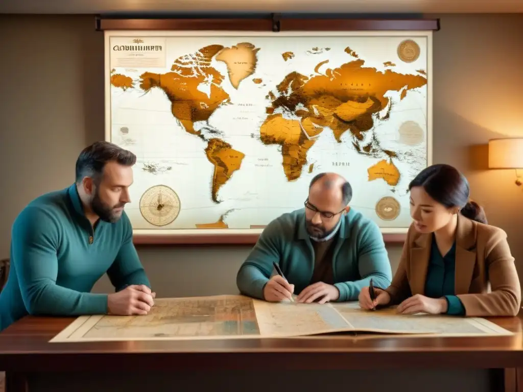 Un grupo de cartógrafos expertos trazando datos en un mapa antiguo, resaltando la importancia de la cartografía en cambio climático