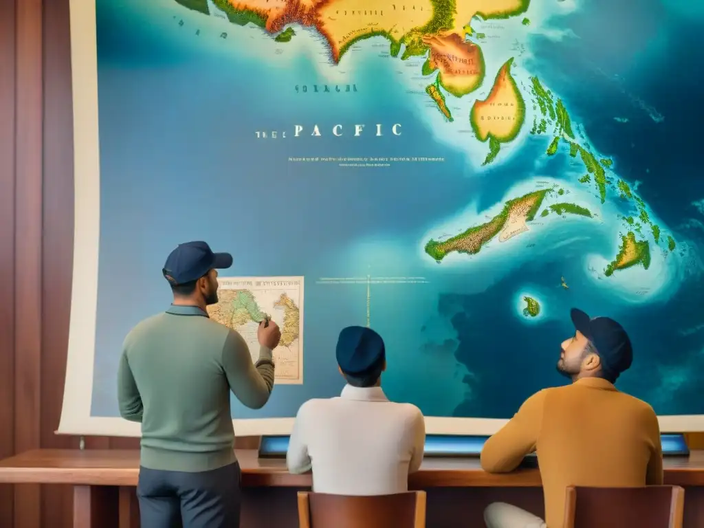 Grupo de cartógrafos históricos explorando un antiguo mapa del Pacífico, rodeados de instrumentos náuticos