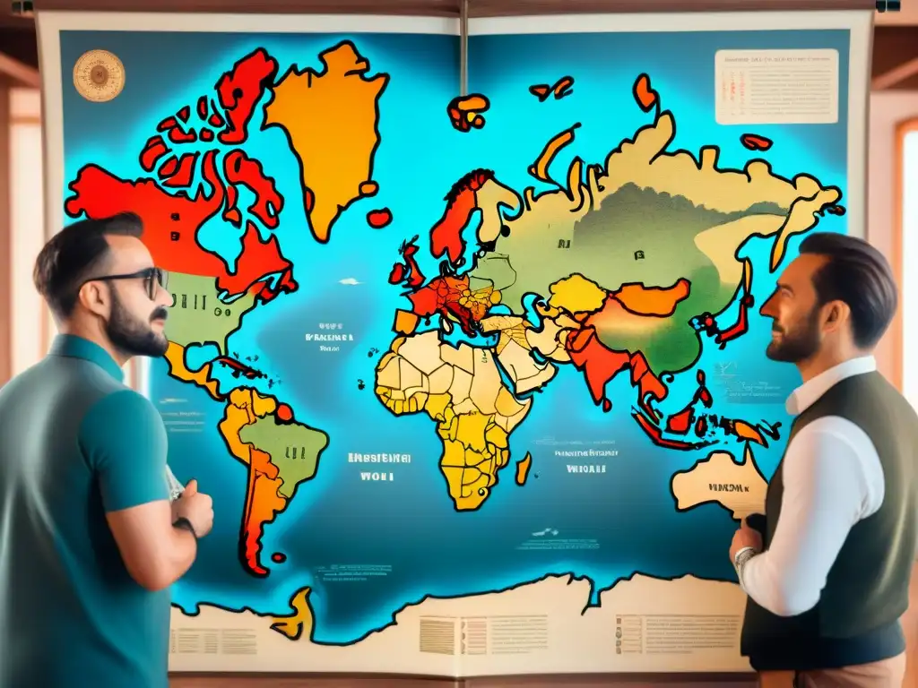 Un grupo de cartógrafos históricos discuten detalladamente sobre un antiguo mapa del mundo, mostrando su dedicación a la evolución de la cartografía