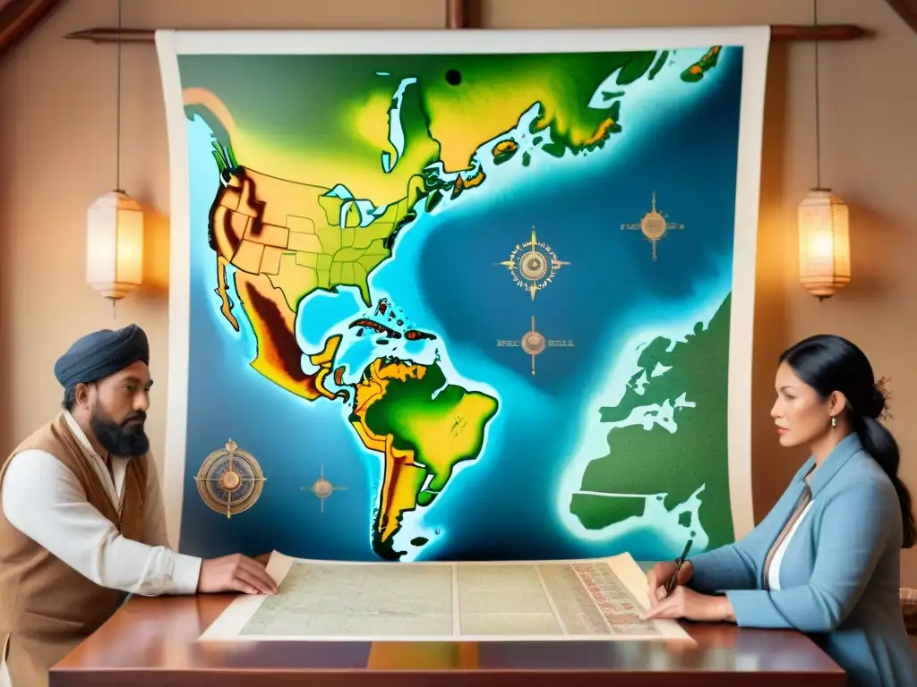 Un grupo de cartógrafos indígenas interpretando cartografía sin escritura en un mapa ancestral detallado