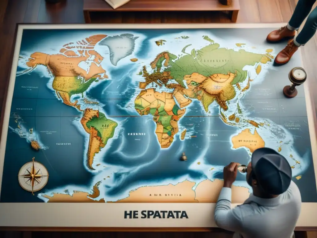 Cartógrafos creando un mapa mundial detallado Grupo de cartógrafos creando un mapa detallado en sepia, rodeados de instrumentos antiguos y mapas, evocando la evolución de la cartografía
