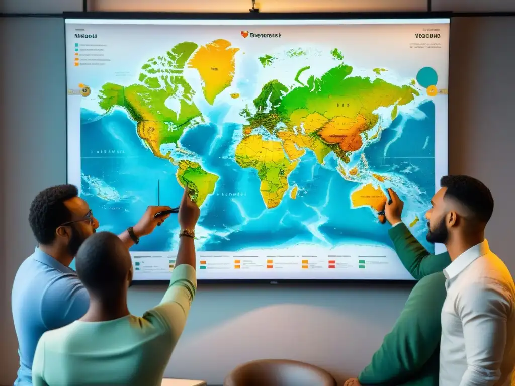 Un grupo de cartógrafos de todo el mundo trabaja con dedicación y colaboración en un detallado mapa, reflejando la evolución de la cartografía digital