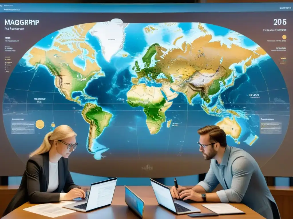 Un grupo de cartógrafos de todo el mundo colaborando en un detallado mapa digital