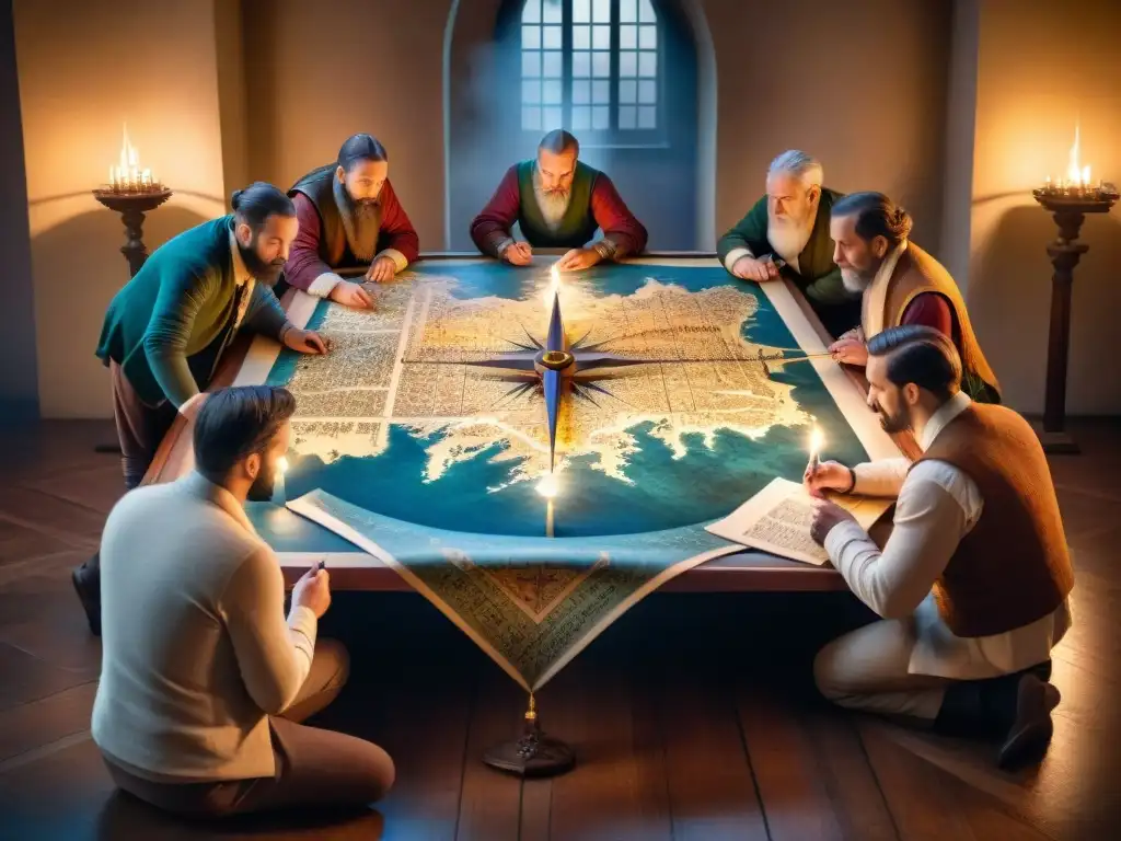 Grupo de cartógrafos del siglo XVI trabajando en un mapa detallado bajo la luz de velas, ilustrando la evolución de la cartografía antes de la tecnología digital