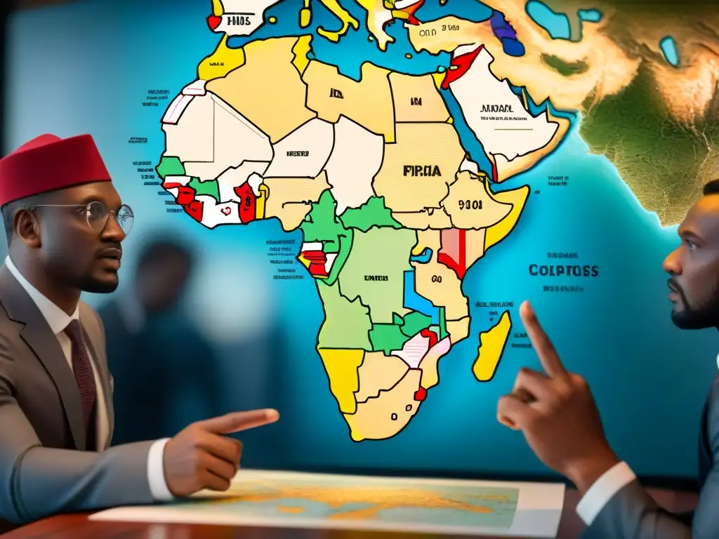 Grupo de diplomáticos africanos discutiendo sobre un detallado mapa de África, resaltando la cartografía en disputas territoriales africanas