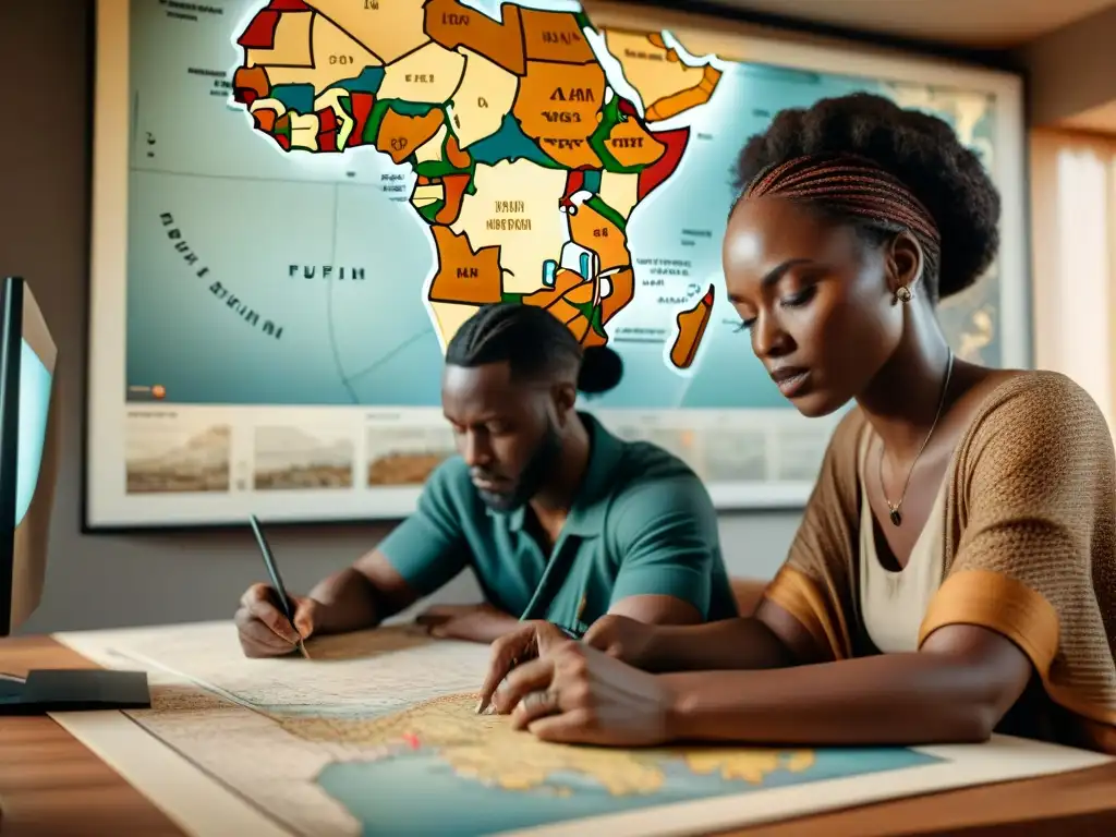 Un grupo diverso de cartógrafos africanos trabajando con pasión en mapas detallados, fusionando conocimientos tradicionales y modernos