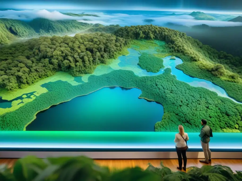 Un grupo diverso de científicos y conservacionistas rodean un mapa holográfico futurista de un exuberante bosque biodiverso, destacando la integración de la inteligencia artificial en la cartografía avanzada para conservación ambiental