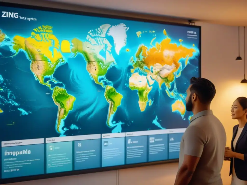 Grupo diverso en discusión alrededor de un mapa digital detallado, simbolizando la digitalización de mapas y la democratización de la cartografía